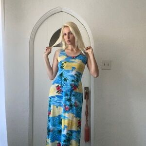 Vintage 90s Sleeveless Poly Striking Tropical Print Maxi Dress M  USA Made